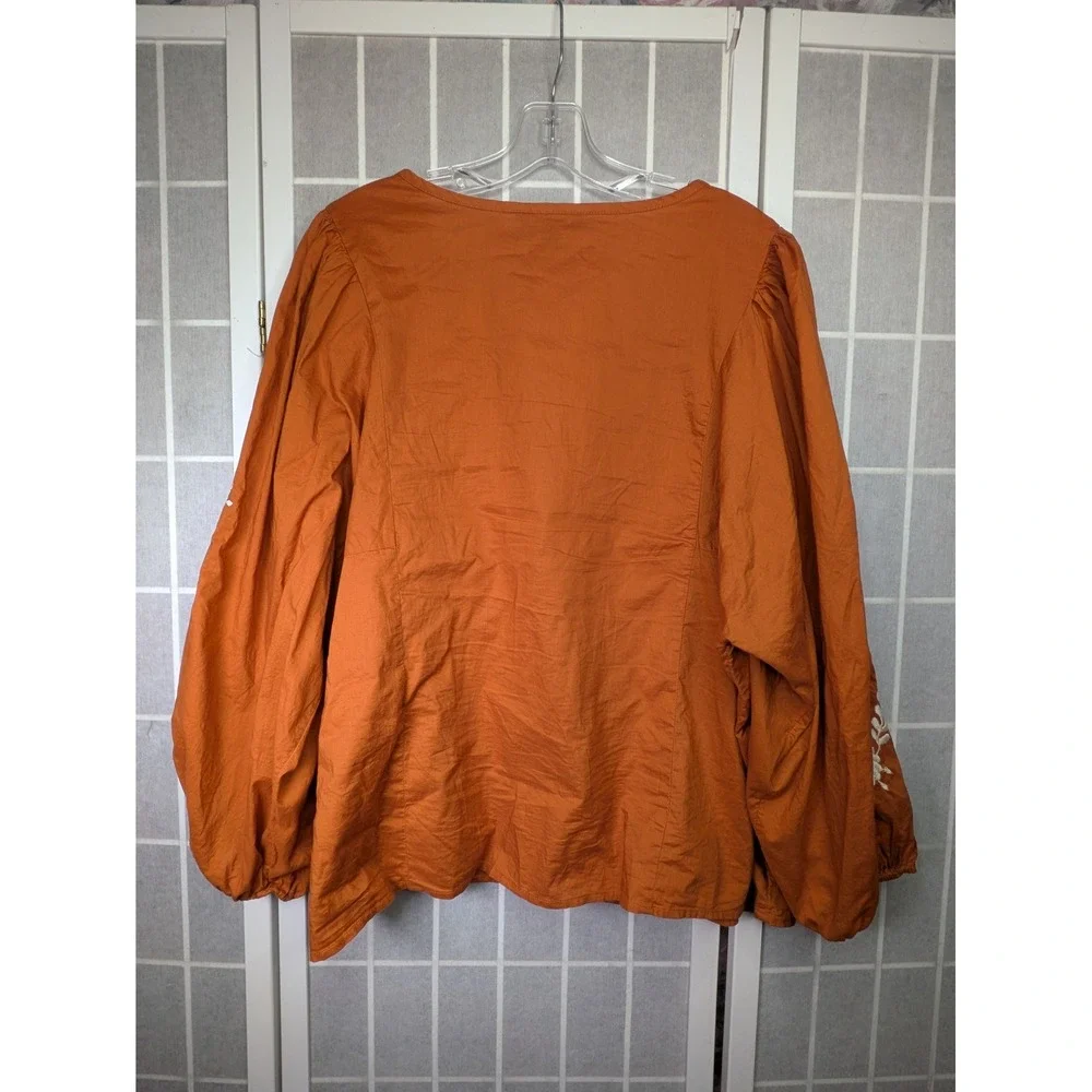 Banana Republic Womens Peasant Blouse XL Burnt Orange Cotton Embroidered Floral